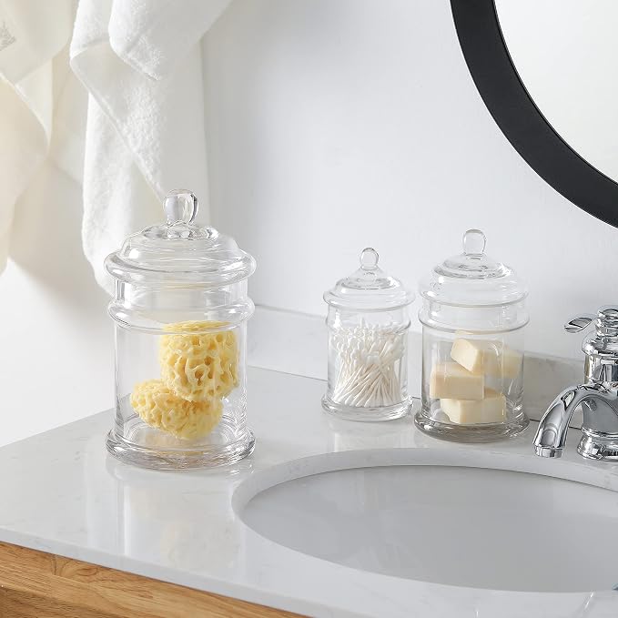 Glass Apothecary Jars Bathroom Storage Organizer Canisters (Set of 3, Clear)