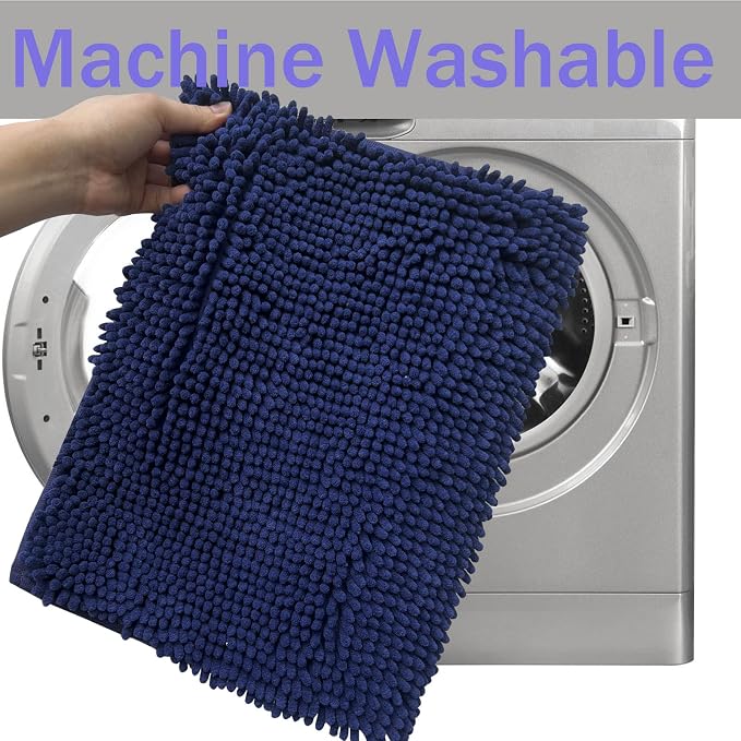 RUN HELIX Navy Blue Bathroom Rug Mat Set, Extra Thick and Absorbent Chenille Soft Plush Shaggy Non-Slip Bath Mats, Washable for Bathrooms, 24x16+20x32 Inch