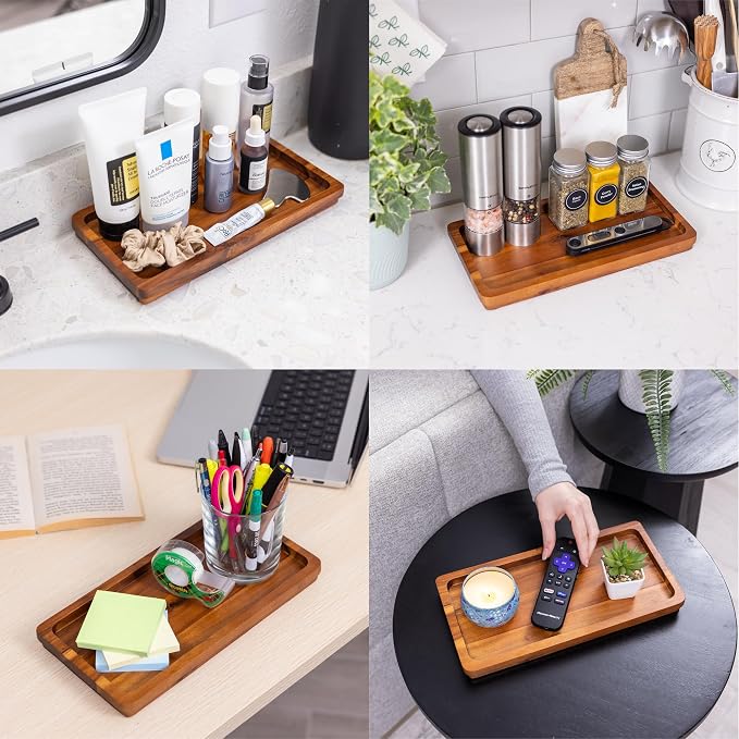 Demigo Bathroom Vanity Tray, Natural Acacia Organizer Tray, 11.8 x 5.9 in | Wooden Countertop Holder for Cosmetics Jewelry Candle & Keys, Decorative Tray for Toilet Tank, Kitchen & Sink Decor