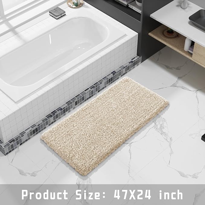 Yimobra Luxury Bathroom Rugs, Fluffy Bath Mats, Non Slip, Water Absorbent Microfiber, Machine Washable, Plush Runner Shower Rugs, Thick Matts for Bathroom Floor/Tub, 47" X 24", Light Beige and White