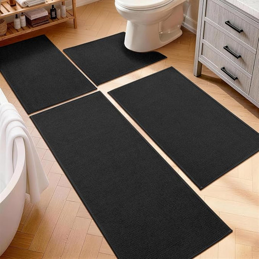 Black Bathroom Rugs Sets 4 Piece, Quick Dry Thin Bath Mat with Toilet Rug, Non Slip Absorbent Machine Washable, Bath Runner Rugs for Bathtub Sink Home Decor