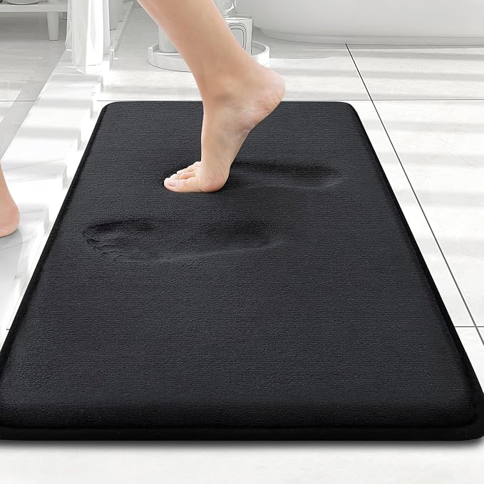 Smiry Memory Foam Bath Mat 24x16, Extra Soft and Absorbent Bathroom Rugs | Black, Quick Dry Machine Washable Non-Slip Bath Mat for Bathroom Floor, Shower and Tub