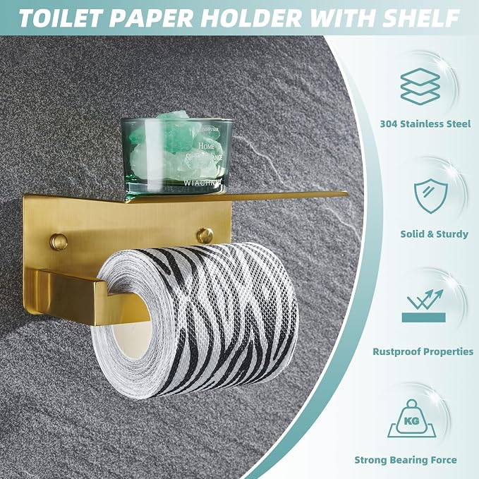 Toilet Paper Holder with Shelf Brushed Dark Gold, APLusee SUS 304 Stainless Steel Modern Bathroom Accessories Tissue Roll Dispenser Storage