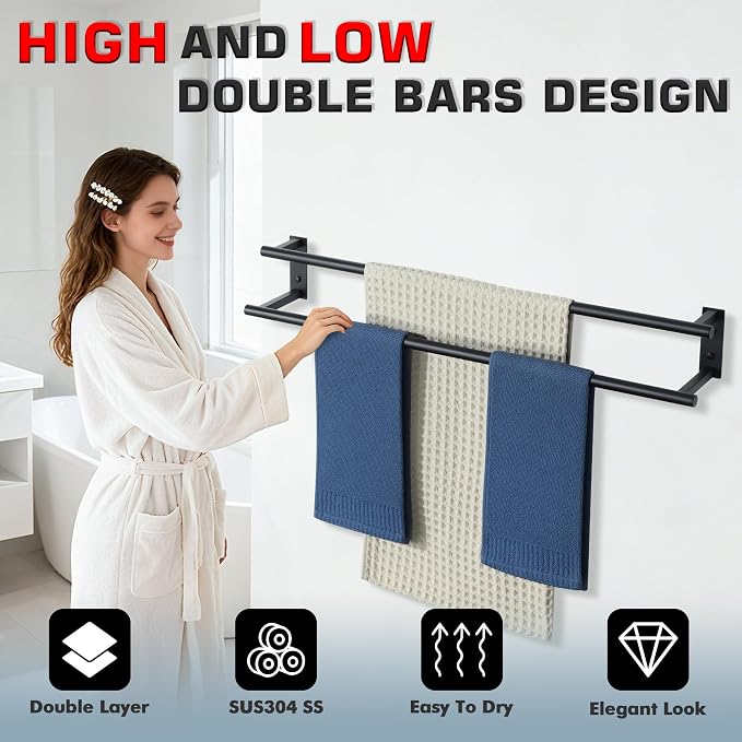 Alise Double Towel Bars for Bathroom,Wall Mount Towel Holder Towel Racks for Bathroom Lavatory,SUS304 Stainless Steel Towel Hanger Towel Rails,Matte Black,32 inch