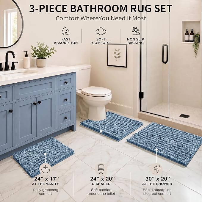 Yimobra Bathroom Rug Set 3 Piece, Super Absorbent Bath Mat Set, Denim Blue | Quick Dry Soft Chenille Bath Rugs & Toilet Rug, Non Slip Machine Washable, Extra Thick Shaggy Floor Mat for Shower Tub Sink