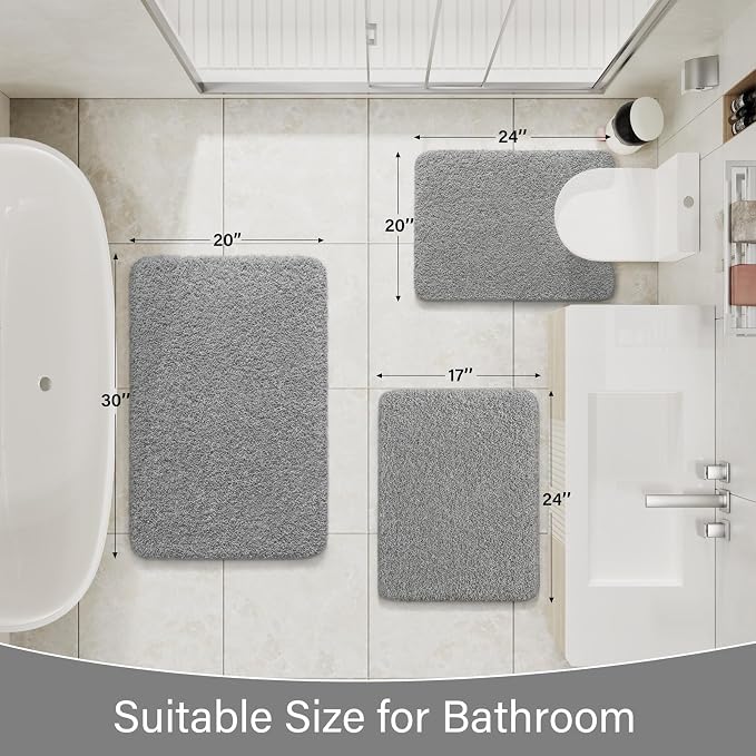 LOCHAS Bathroom Rugs Sets 3 Piece, Microfiber Bath Mat Set Non Slip, Grey | Washable Absorbent Toilet Rug, Shaggy Soft Cozy Quick Dry