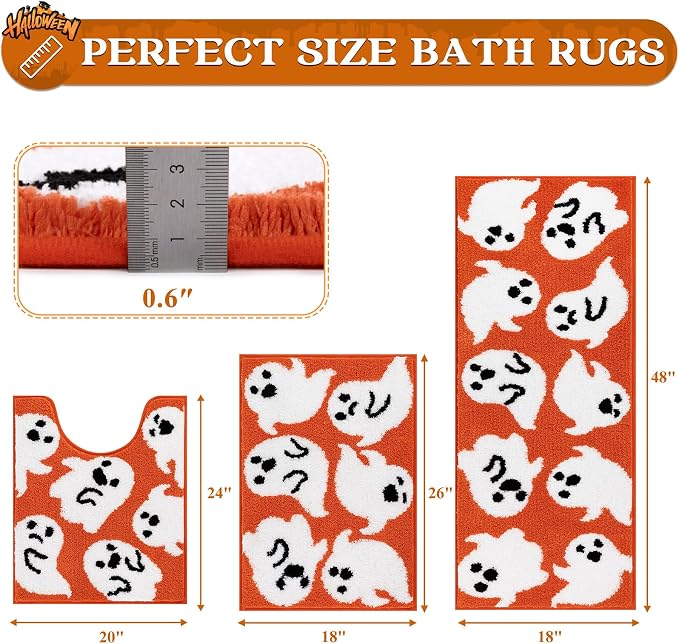 Pauwer Halloween Bathroom Rugs Sets 3 Piece, Fall Bath Mats, Orange Ghost | Spooky, Microfiber, U-Shaped Contour Toilet Rug, Soft Plush Absorbent, Quick Dry, Non Slip Washable Bath Mat Set