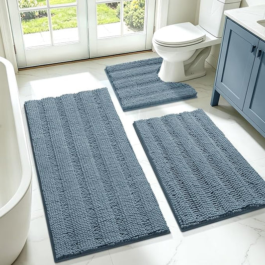 SmileYes Striped Haze Blue Bathroom Rug Set 3 Pieces Ultra Soft, Non Slip Chenille Bath Carpet, Absorbent Plush Shaggy Bath Mats for Bathroom, Bedroom, Stone Blue