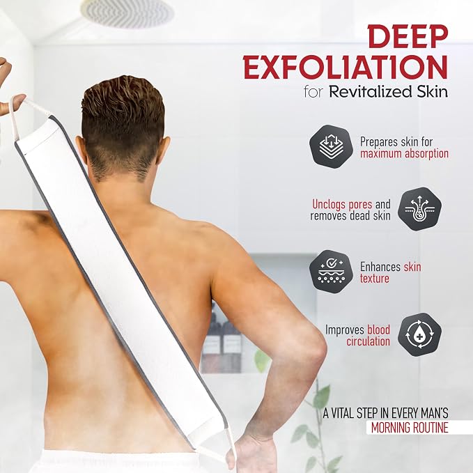 ALMOONI Men's Back Scrubber for Shower, Loofah Sponge, Gray, 1 Count | Natural Egyptian Loofah Sponge, Long Back Scrubber, Cotton Handles, Men's Shower Scrubber, Gentle Exfoliation