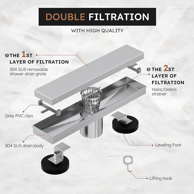Linear Shower Drain 12 Inch,Modern Rectangle Shower Floor Drain with 2-in-1 Tile Insert Cover, Stainless Steel SUS 304, Linear Drain with Leveling Feet& Hair Strainer