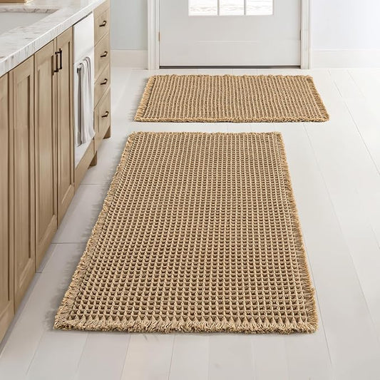 MIULEE Set of 2 Waffle Bathroom Rugs Boho Bath Mat Brown 17"x24"+18"x30" | Non Slip, Super Absorbent, Washable, Ultra Soft, Rubber Backed, Small Bath Rugs for Bathroom Floor Tub Shower