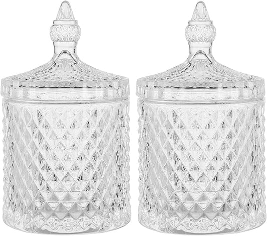 rejomiik Qtip Holder Glass Apothecary Jars with Lid Bathroom Accessories Vanity Organizers and Makeup Storage for Cotton Swabs, Makeup Sponges, Candy, Jewelry, 2 Pack Large Clear
