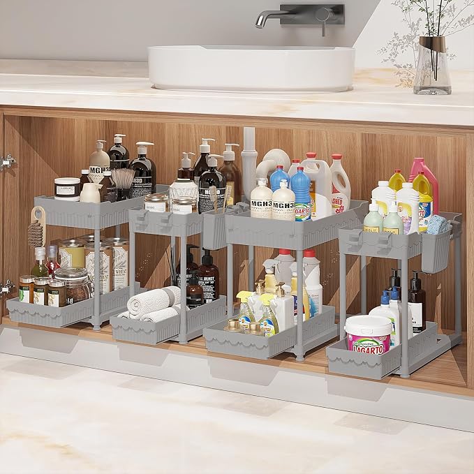 Sevenblue Under Sink Organizer, Bathroom Organizers and Storage, 2 Tier Multi-Use Pull Out Cabinet Organizer with Hang Hooks and Cups (Gray, 12.8 Inch)