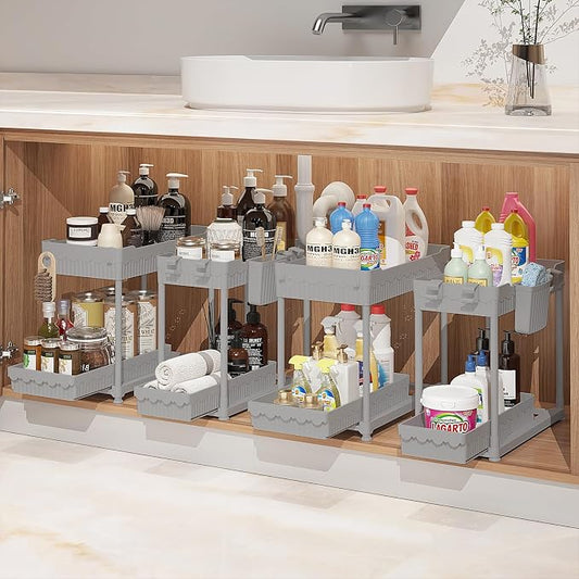 Sevenblue Under Sink Organizer, Bathroom Organizers and Storage, 2 Tier Multi-Use Pull Out Cabinet Organizer with Hang Hooks and Cups (Gray, 12.8 Inch)