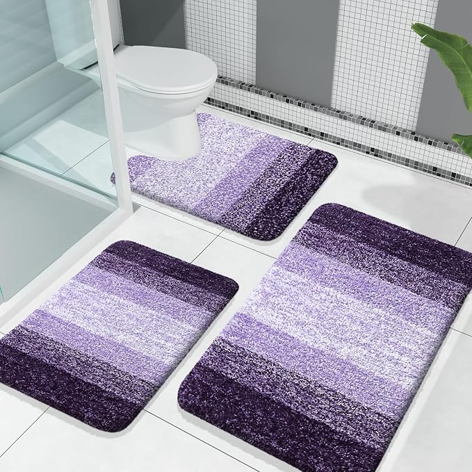 OLANLY Microfiber Bathroom Rugs Sets 3 Piece, 30"x20"+24"x16"+24"x20" | Violet, Soft Absorbent Bath Mats and U-Shaped Contour Toilet Rug, Machine Wash Dry, Plush Shaggy Bath Mat Set for Bathroom