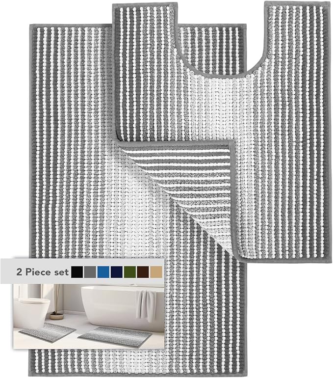 Bathroom Rugs Sets 2 Piece, 32"x20" + U-Shaped 24"x20", Gray | Ultra Soft Absorbent, Chenille Contour Toilet Rug, Non Slip Striped, Quick Dry Machine Washable, Shower Rug for Bathroom