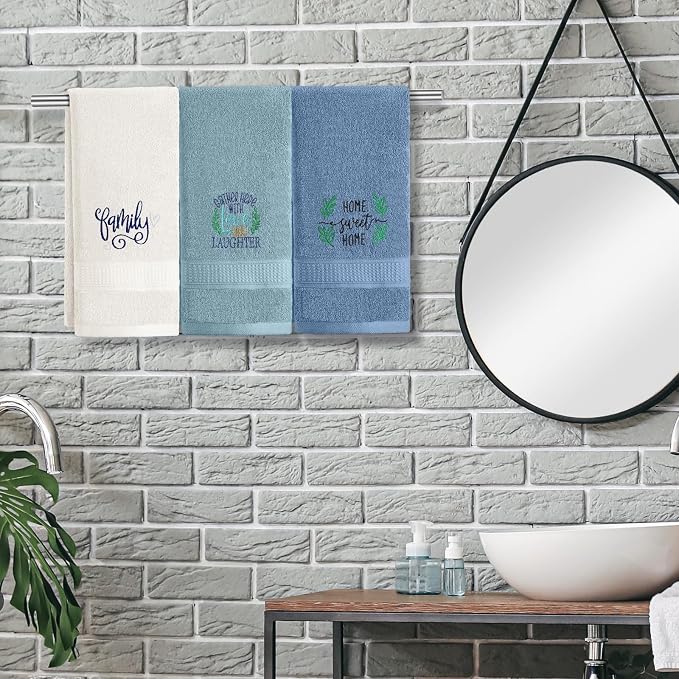 3 Pcs Hand Towels Bathroom Set,Blue,Home, Love, Family | Embroidered Cotton Farmhouse Towels, Kitchen Decor, Rustic Boho Decorative with Text Labels, Guest Bath Home