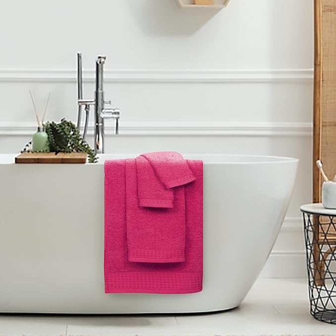 GLAMBURG 100% Cotton Ultra Soft 6 Pack Towel Set, Contains 2 Bath Towels 28x55 Inches, 2 Hand Towels 16x24 Inches & 2 Wash Coths 12x12 Inches, Compact Absorbent Lightweight & Quickdry - Hot Pink