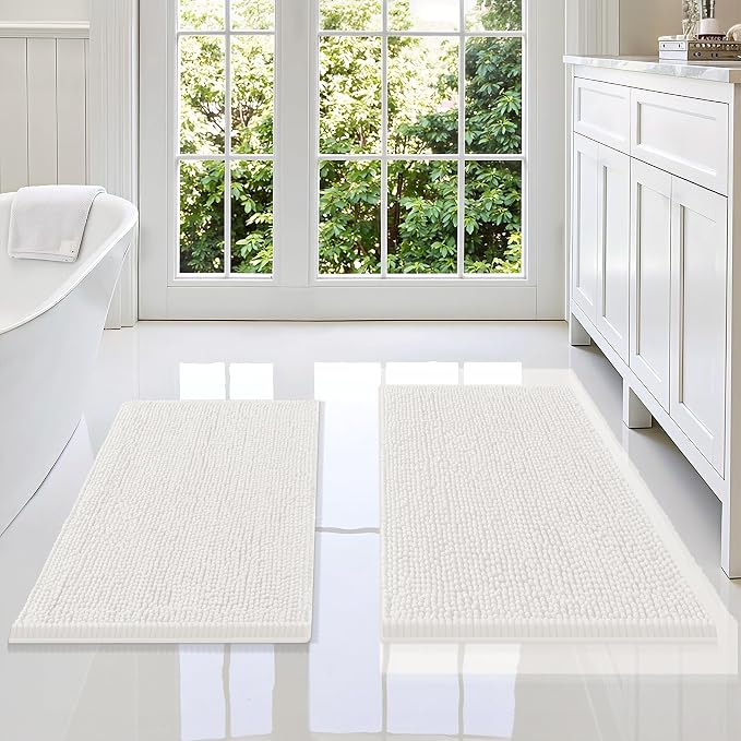 Smiry Chenille Bathroom Rugs Sets 2 Piece (34x21+30x20, Ivory) | Soft Absorbent Machine Washable Non Slip Shaggy Bath Rug Set for Tub, Shower, and Floor, Home Decor