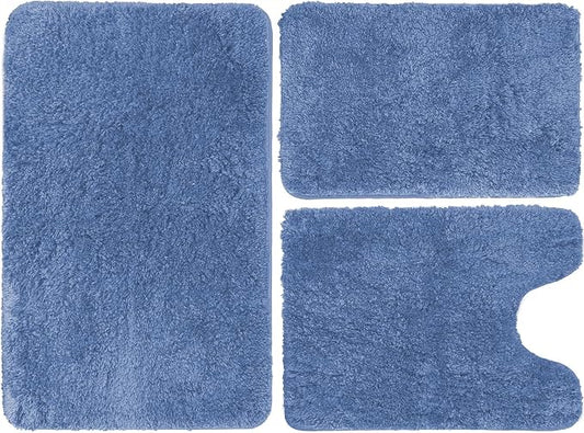 RUN HELIX Blue Bath Mat for Bathroom Non-Slip, Extra Soft and Absorbent Bathroom Rugs Set 3 Piece, Water Absorbent Microfiber Shaggy, Machine Washable Thick Plush Bath Mats for Floor, Tub and Shower