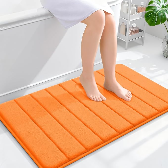 OLANLY Memory Foam Bath Mat 35x24, Super Soft and Absorbent Bathroom Rugs | Orange, Quick Dry Bath Rug, Machine Washable Shower Floor Mats, Bathmat Carpet for Bathroom Floor, Tub and Shower