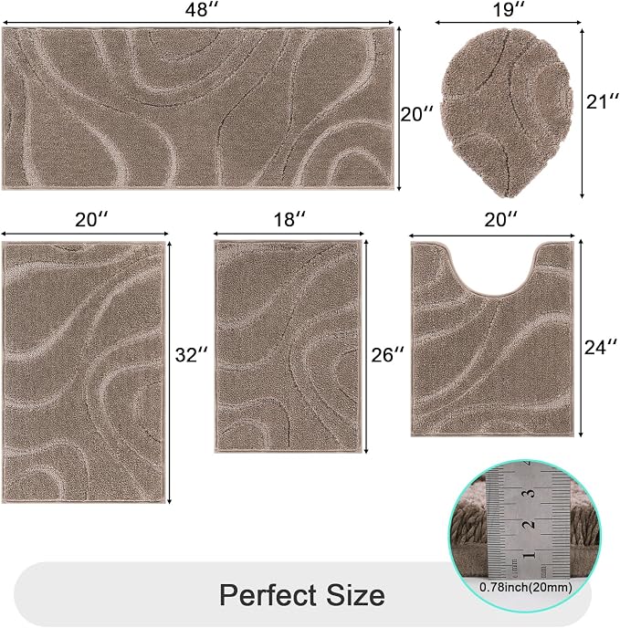 HEBE Bathroom Rugs Sets 5 Piece, Non Slip Washable Absorbent Bath Mat Set | Super Soft Plush Microfiber Bathroom Mats with Runner Set, Solid Bathmat with U-Shaped Toilet Rug Cover Set for Tub, Shower