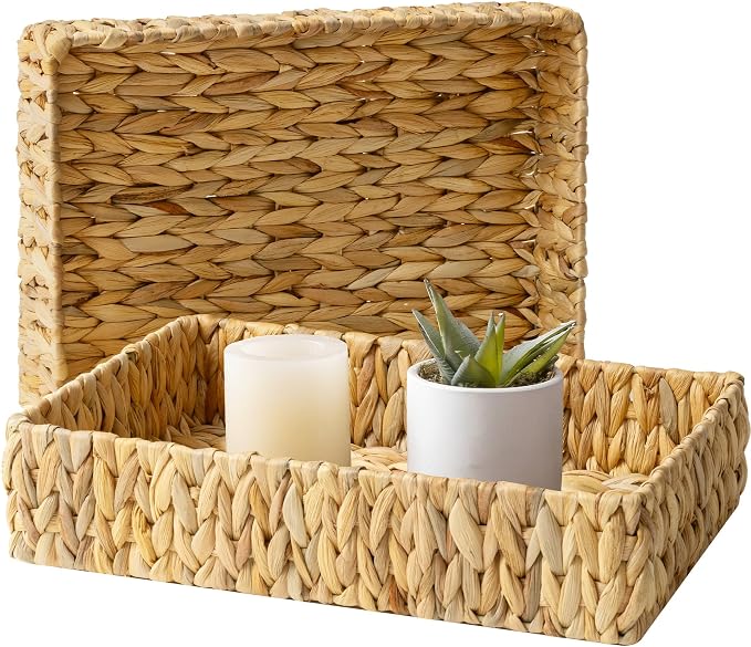 StorageWorks Large Water Hyacinth Tray for Bathroom, Wicker Storage Basket for Shelves, Handwoven Natural Hyacinth Baskets for Organizing, 2-Pack