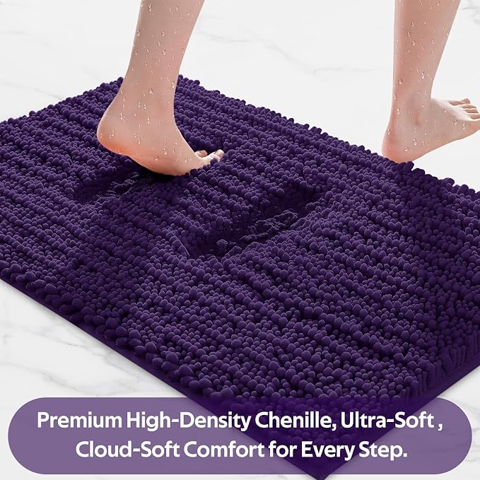 ACCUMTEK Upgrade Luxury 2 Piece Dark Purple Toilet Bathroom Rug Mat 48"x20"+24"x17", Ultra Soft Thick Absorbent Bath Mats, Non Slip Chenille Toilet Mat for Bathroom, Bedroom, Kitchen, Shower, Tub