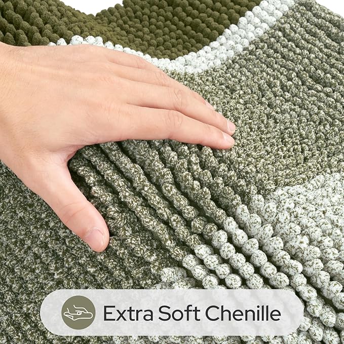 HOMEIDEAS Sage Green Bathroom Rugs Set, Striped Chenille, 20"x32"+17"x24" | Non Slip Absorbent Bath Mats, Fluffy Striped Chenille Soft Shaggy Bath Rugs for Bathroom Floor and Tub, Machine Washable
