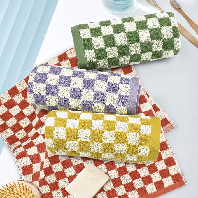 Jacquotha Hand Towels for Bathroom 4 Pack, Checkered Hand Towel Set | Cotton Soft Absorbent for Face Spa Bath Gym, Kitchen Towels Decorative, 13 x 29 Inches, 4 Colors