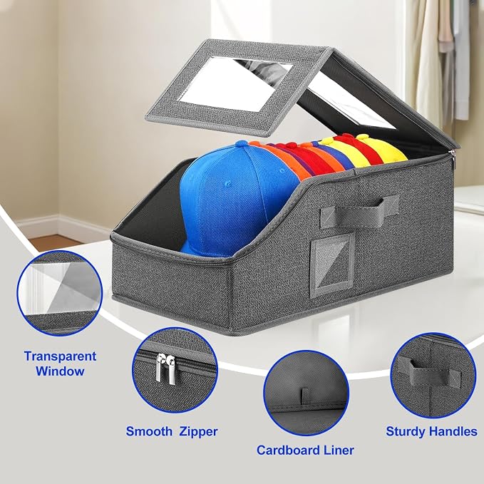 Hat Organizer for Baseball Caps,2PCS Stackable Hat Storage Box with Clear Window Lid, Space-Saving Box for Closet