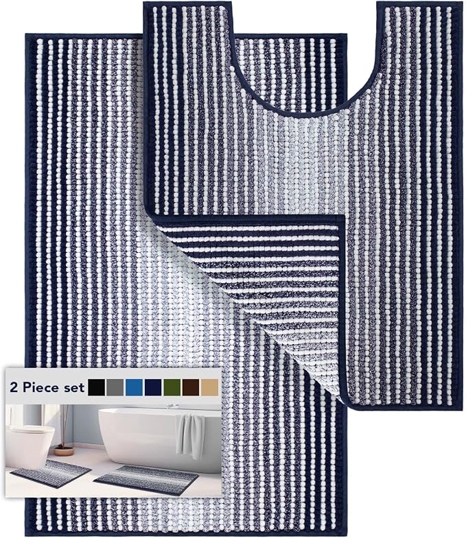 Bathroom Rugs Sets 2 Piece, 32"x20" + U-Shaped 24"x20", Navy Blue | Ultra Soft Absorbent, Chenille Contour Toilet Rug, Non Slip Striped, Quick Dry Machine Washable, Shower Rug for Bathroom