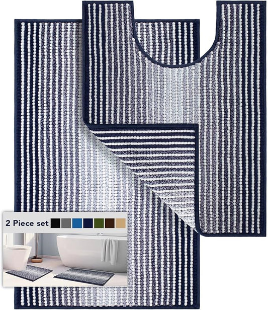 Bathroom Rugs Sets 2 Piece, 32"x20" + U-Shaped 24"x20", Navy Blue | Ultra Soft Absorbent, Chenille Contour Toilet Rug, Non Slip Striped, Quick Dry Machine Washable, Shower Rug for Bathroom
