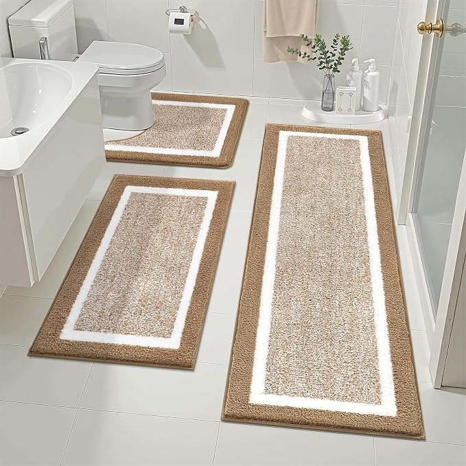 Pauwer Bathroom Rug Sets 3 Piece, Non Slip Washable Bath Mat, Khaki | Soft Plush Microfiber, Super Absorbent Floor Carpet, U Shaped Toilet Mats, Quick Dry, Shaggy Shower Rugs Runners