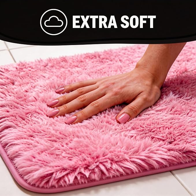 Shaggy Bathroom Rugs Set Plush Velvet Bath Rugs Non-Slip Bath Mat Set 3 Piece,Washable Mats,Absorbent Shaggy Rugs Super Soft U-Shaped Toilet Rug,Bahroom Carpets for Bathroom,Tub,Shower(Light Pink