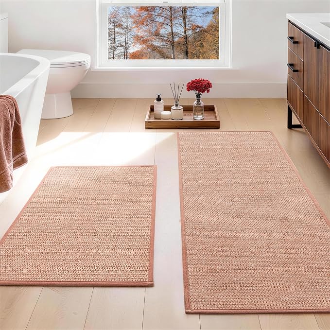 Pink Bathroom Rugs Sets 2 Piece, Quick Dry Thin Bath Mat, Non Slip Absorbent Machine Washable, Bath Runner Rug for Bathtub Sink Home Decor (17"x24" + 17"x47")