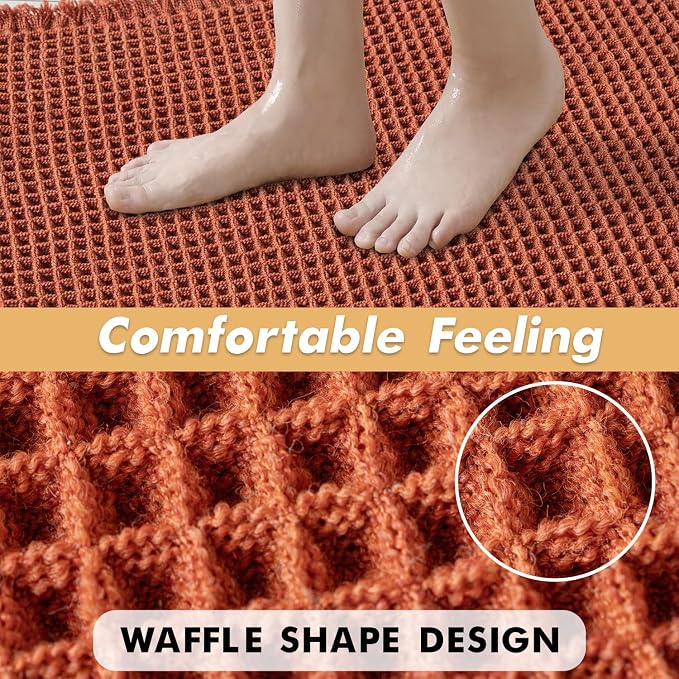 MIULEE Fall Orange Set of 2 Waffle Bathroom Rugs Boho Bath Mat 18x30 Inch | Non Slip, Super Absorbent, Washable, Ultra Soft, Rubber Backed Bath Rugs for Bathroom Floor Tub Shower