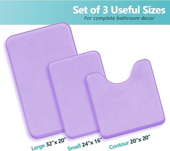 RUN HELIX Bathroom Rugs Sets 3 Piece, Soft Absorbent Memory Foam Bath Mats Set, Dry Fast Bath Mat, Machine Washable Bath Rug Set for Bathroom （Lilac）
