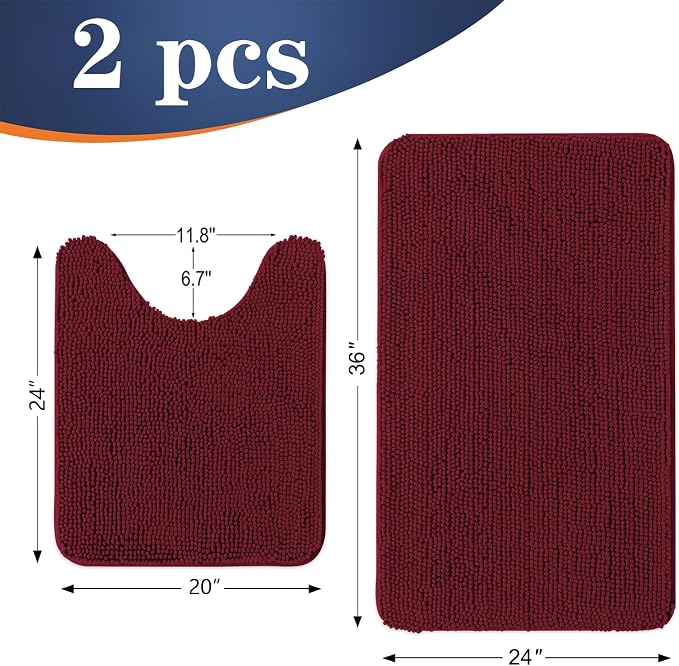 OLANLY Chenille Bathroom Rugs Mats Sets 2 Piece, 36"x24"+24"x20", Burgundy | Soft Absorbent Bath Mat and U-Shaped Contour Toilet Rug Set, Quick Dry, Machine Washable Bath Carpet, Home Decor Accessories