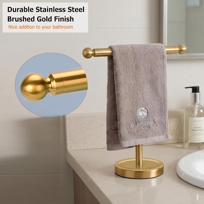 Hand Towel Holder, T-Shape Hand Towel Stand for Bathroom, Hand Towel Rack Bar Standing for Vanity Kitchen Countertop (Gold, Stainless Steel)