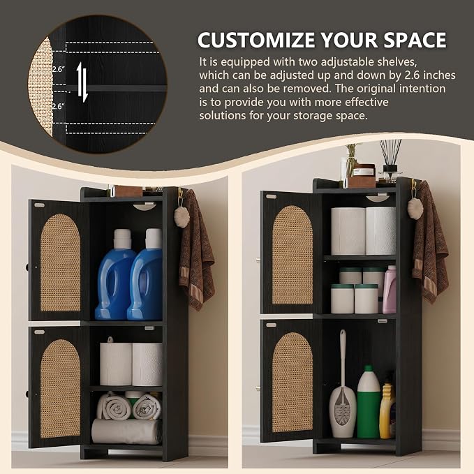 Rattan Bathroom Storage Cabinet,Corner Floor Cabinet with 2 Doors and Adjustable Shelf, Narrow Toilet Paper Cabinets with 2Hooks,Toilet Organizer for Small Spaces,7.87"D*9.84"W*29.72"H（Black）