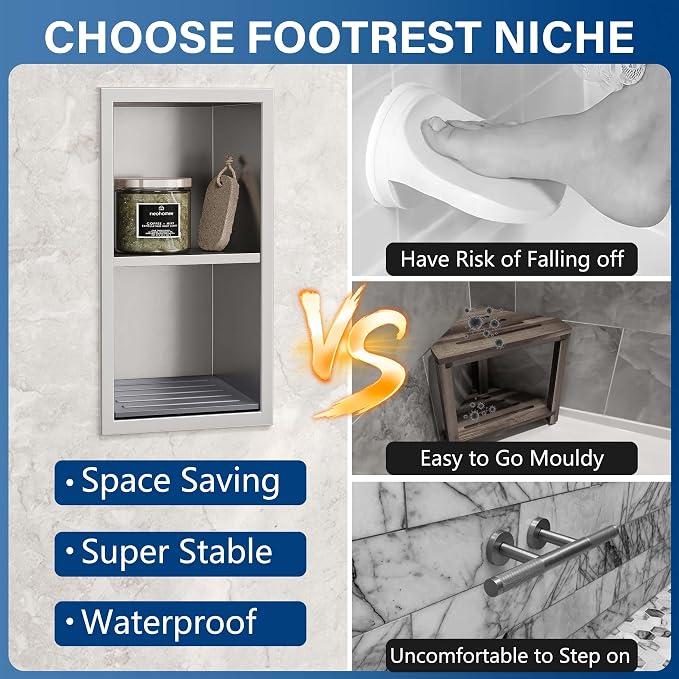 Neodrain Shower Foot Rest for Shaving Legs, 304 Stainless Steel Shower Niche, Recessed Shower Step for Shaving Legs,Niche for Shower Wall, Bathroom Foot Rest (Brushed, 12.3"x 6")