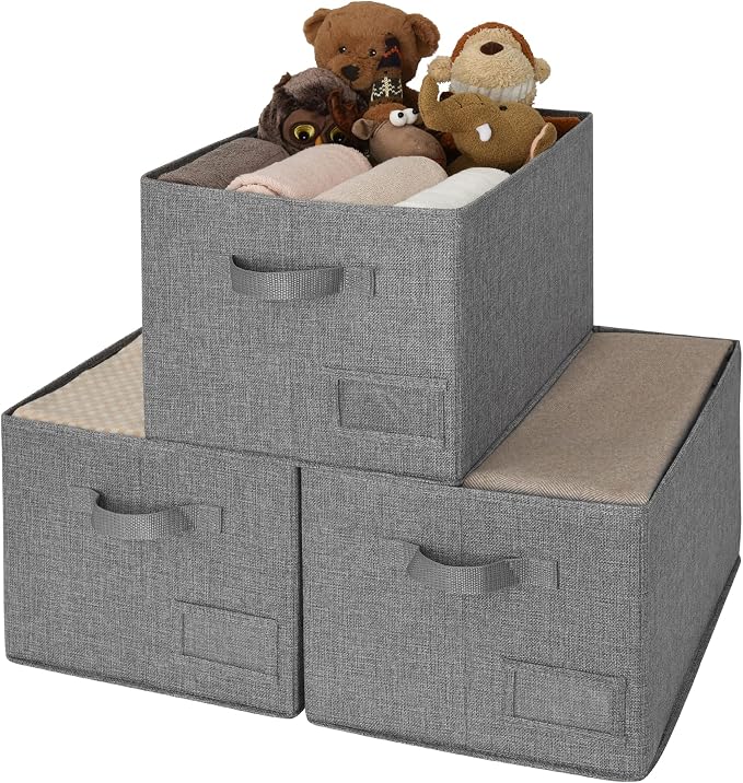 GRANNY SAYS Closet Storage Bins, Fabric Bins with Label Holder, Shelf Baskets for Organizing, Wardrobe Clothes Storage Boxes, Dark Gray, Large, 3-Pack