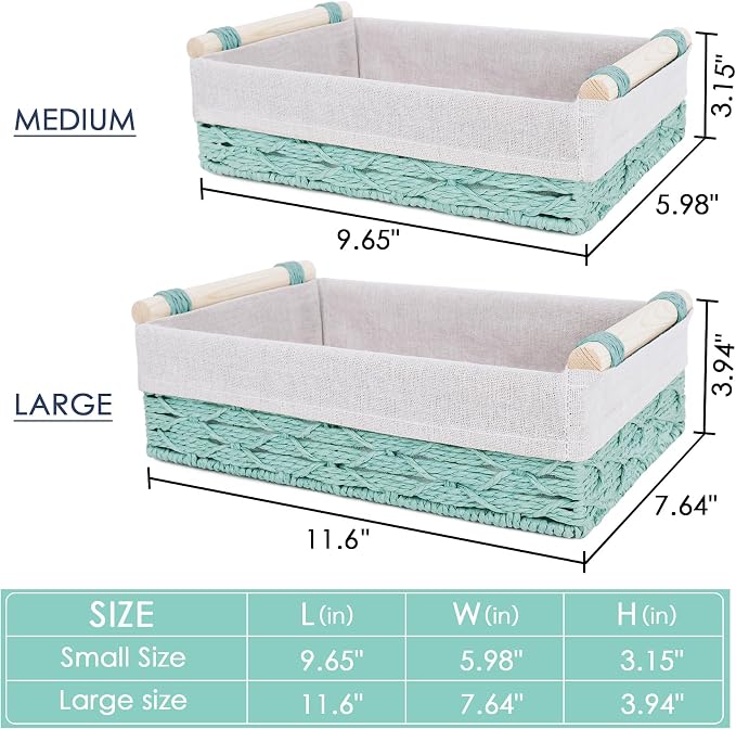 Wicker Storage Basket with Wooden Handle – Paper Rope Decorative Toilet Paper Baskets & Bathroom Organizer for Toilet Tank Top, Shelves, Bedroom, Countertop,Home,Office Storage Bins, 2 Pack,Mint Green