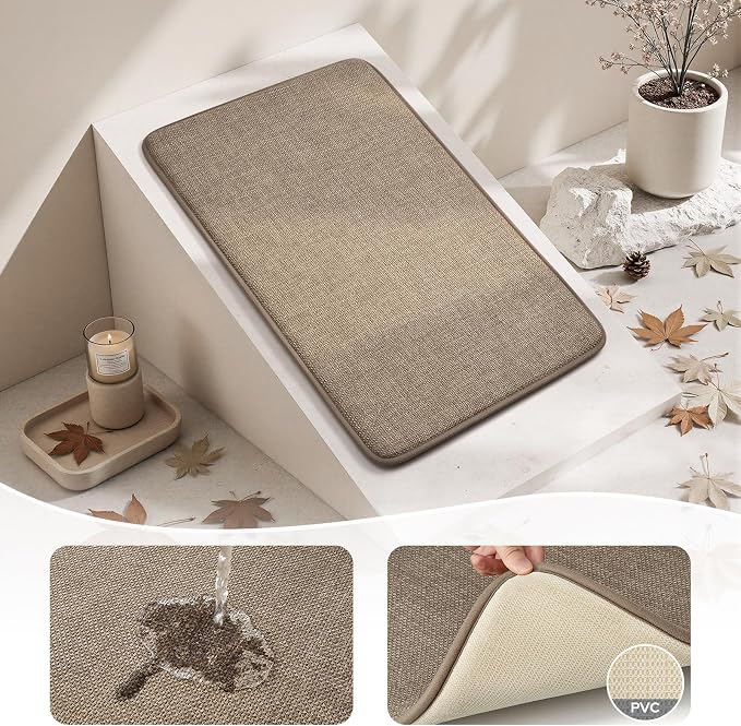 HOMEIDEAS Memory Foam Bathroom Rugs Set of 2, Beige 24"x17"+32"x20" | Ultra Absorbent Quick Dry Bath Mats with Non Slip PVC Backing, Machine Washable, Ideal for Bath Floor, Shower and Tub
