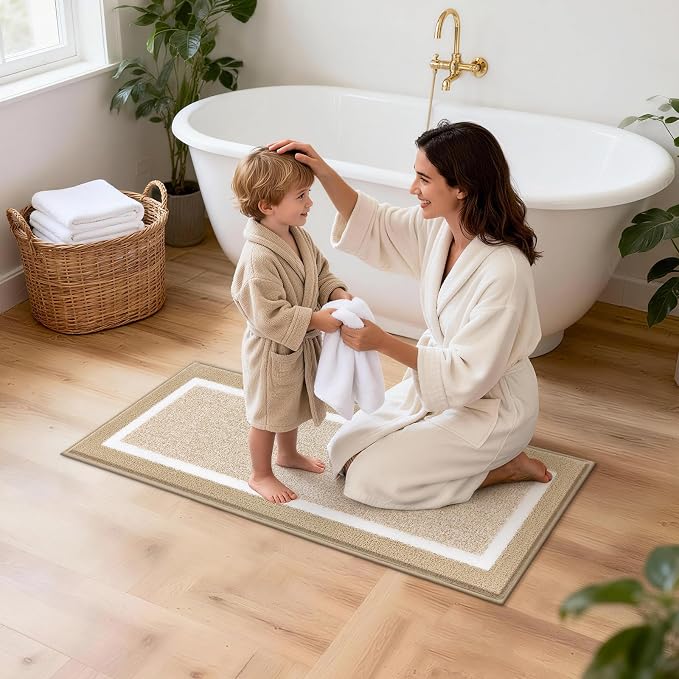 Pauwer Bathroom Rugs Sets 2 Piece, Non Slip Washable Bath Mat, Beige | Soft Plush Microfiber, Super Absorbent Floor Carpet, Quick Dry, Shaggy Shower Rug Runner