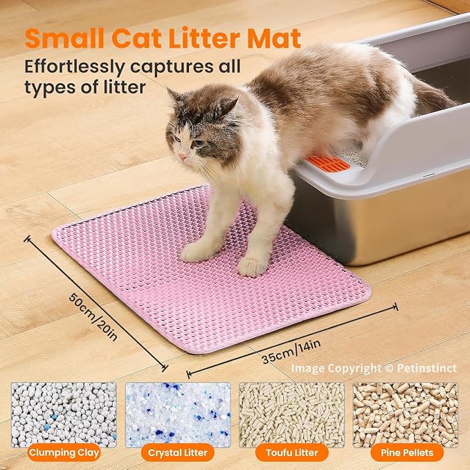 Small Cat Litter Mat, Double Layer Honeycomb Litter Box Mat | 20x14”, Reduces Litter Tracking, Waterproof, Non-Slip, Soft on Paws, Scratch Resistant, Easy to Clean, Pink