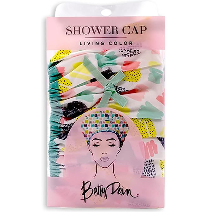 Betty Dain Fashionista Reusable Shower Cap, Living Color | Oversized Waterproof PEVA Lined Bath Cap for All Hair Lengths, Elastic Stretch Hem Hair Hat