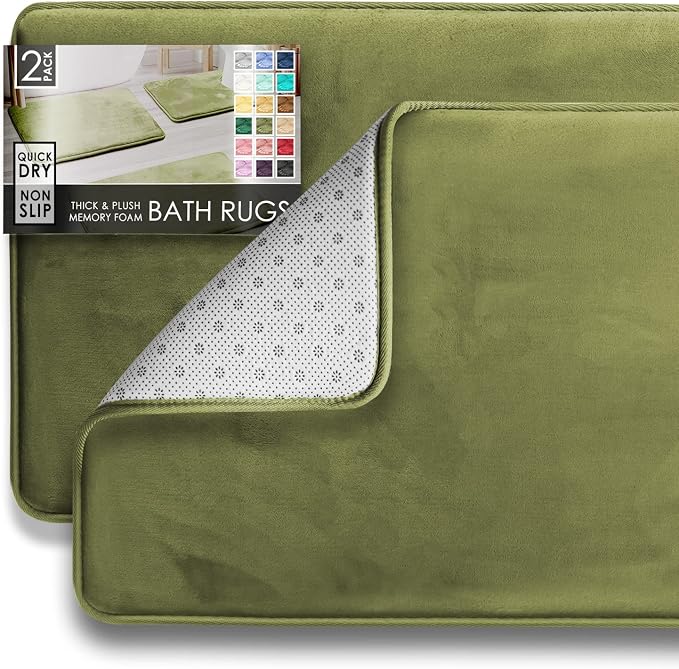 Clara Clark 2 Piece Bathroom Rugs Bath Mat Set, Velvet Memory Foam Bath Mats for Bathroom - Non-Slip, PVC Backing Bath Rugs, Washable - Dries Quickly, Green