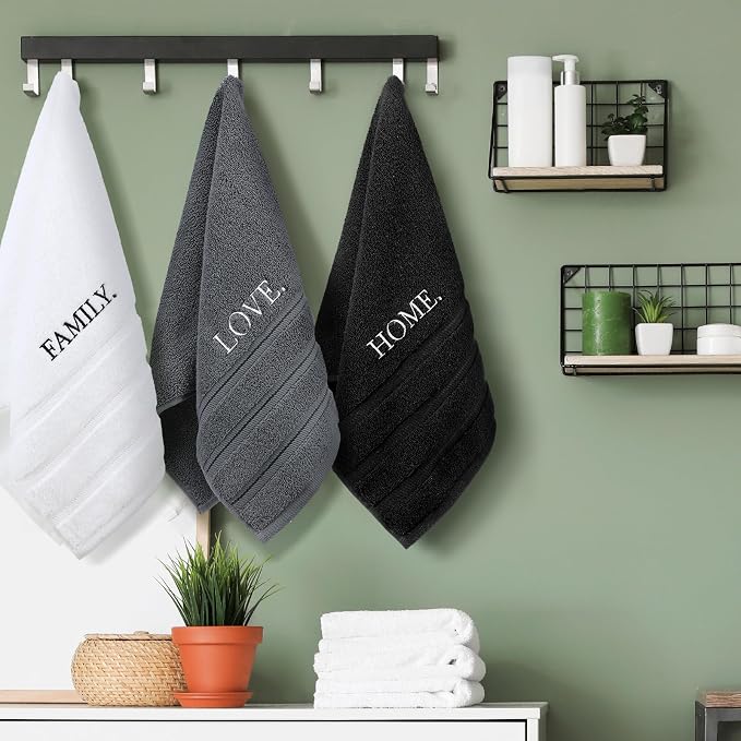3 Pcs Hand Towels Bathroom Set,Black,Home Love Family | Embroidered Cotton Farmhouse Towels, Kitchen Decor, Rustic Boho Decorative with Text Labels, Guest Bath Home